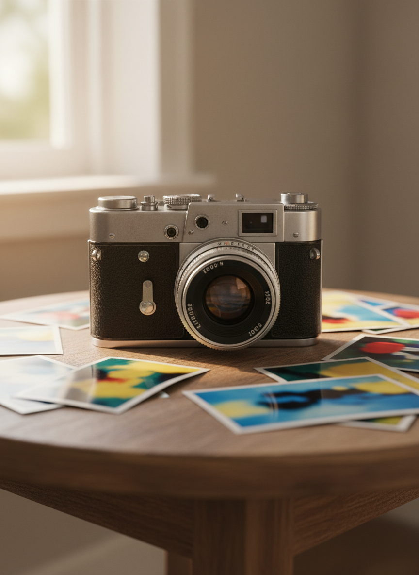 Fotocamera vintage su tavolo di legno con stampe sfocate intorno, illuminata da luce naturale laterale.
