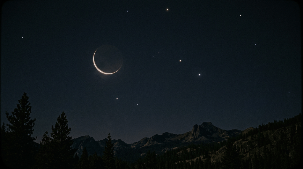 Crescent moon and numerous stars over dark mountainous landscape at night